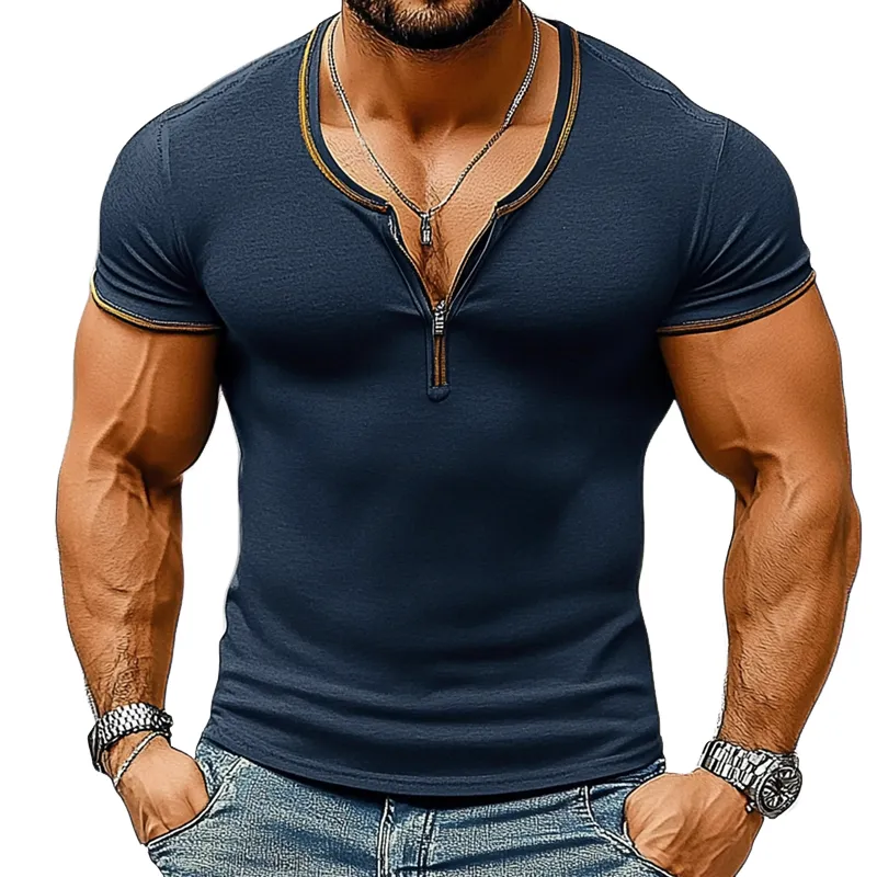 Men's Slim Fit Solid Color Cotton Blended Short Sleeve Zipper T-Shirt MTA2213G8X sold by Manly