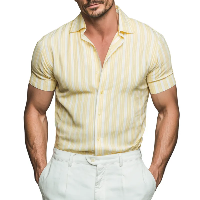 Men's Casual Breathable Striped Cotton Lapel Slim Fit Short Sleeve Shirt MTA2292G1M sold by Manly