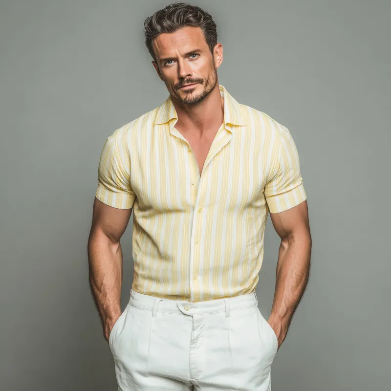 Men's Casual Breathable Striped Cotton Lapel Slim Fit Short Sleeve Shirt MTA2292G1M sold by Manly product image thumbnail 3