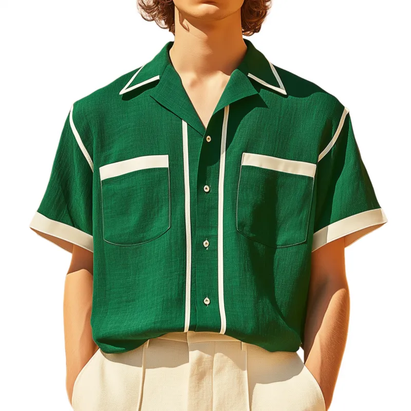 Men's Casual Breathable Linen Contrast Patchwork Lapel Patch Pocket Loose Short-sleeved Shirt MTA2238G5M sold by Manly