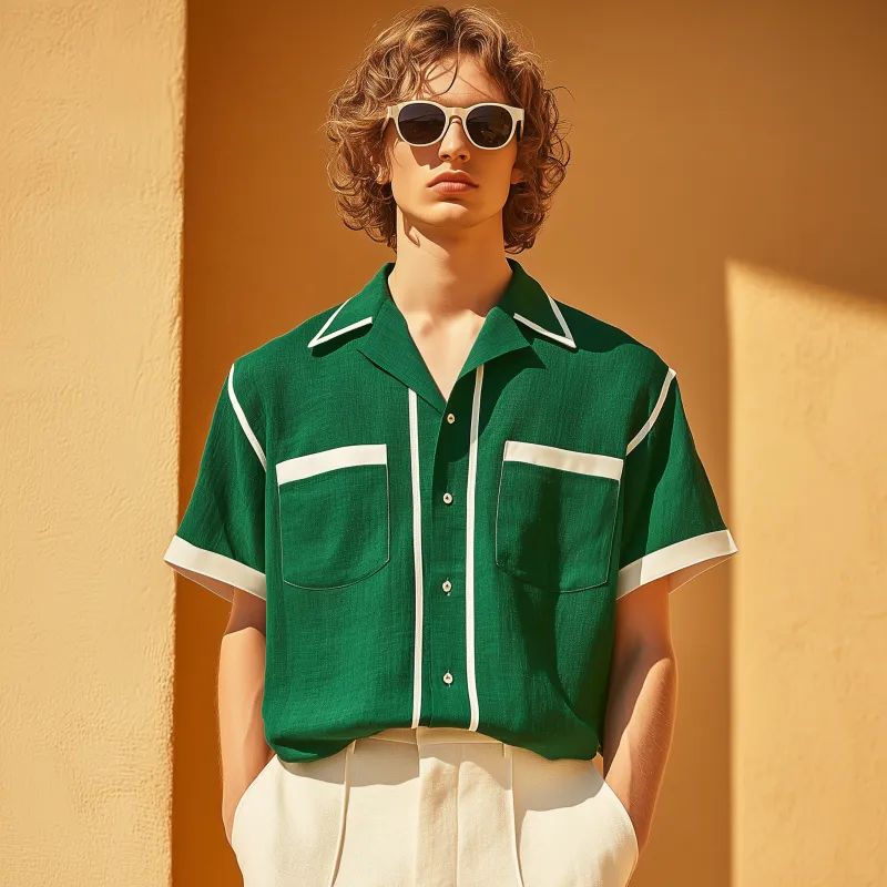 Men's Casual Breathable Linen Contrast Patchwork Lapel Patch Pocket Loose Short-sleeved Shirt MTA2238G5M sold by Manly product image thumbnail 3