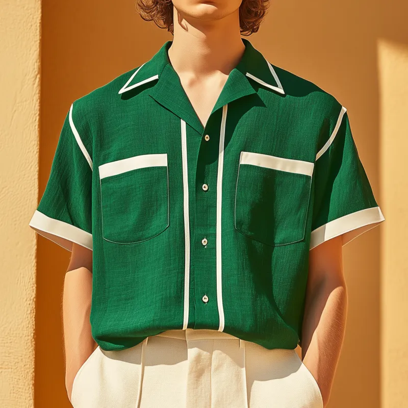 Men's Casual Breathable Linen Contrast Patchwork Lapel Patch Pocket Loose Short-sleeved Shirt MTA2238G5M sold by Manly product image thumbnail 2