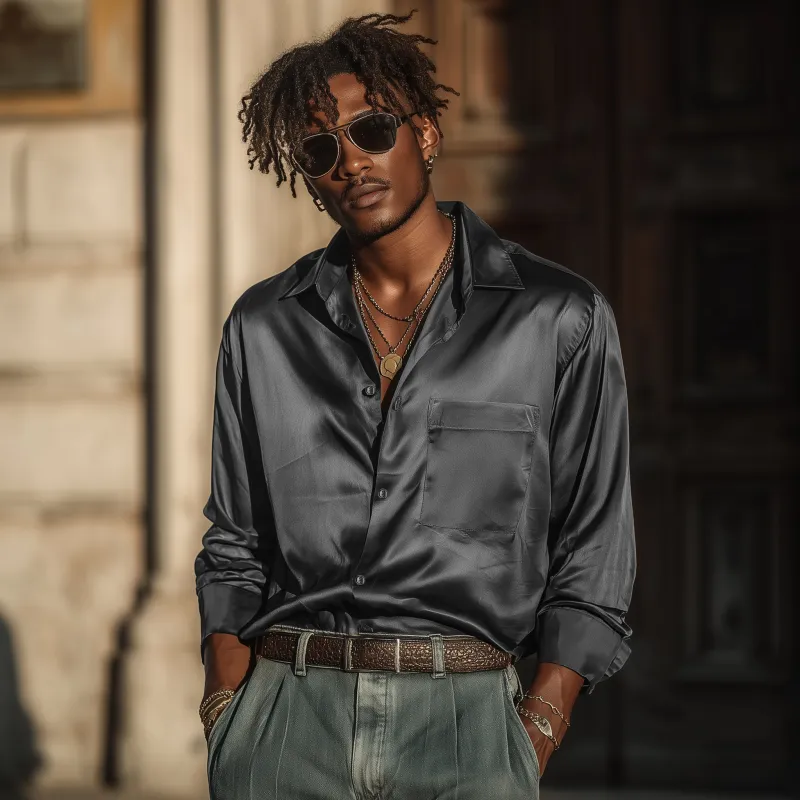 Men's Vintage Elegant Solid Color Satin Lapel Patch Pocket Loose Long Sleeve Shirt MTA1960G9M sold by Manly product image thumbnail 3