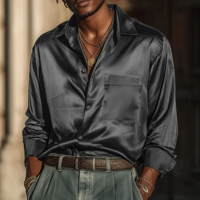 Men's Vintage Elegant Solid Color Satin Lapel Patch Pocket Loose Long Sleeve Shirt MTA1960G9M sold by Manly product image thumbnail 2