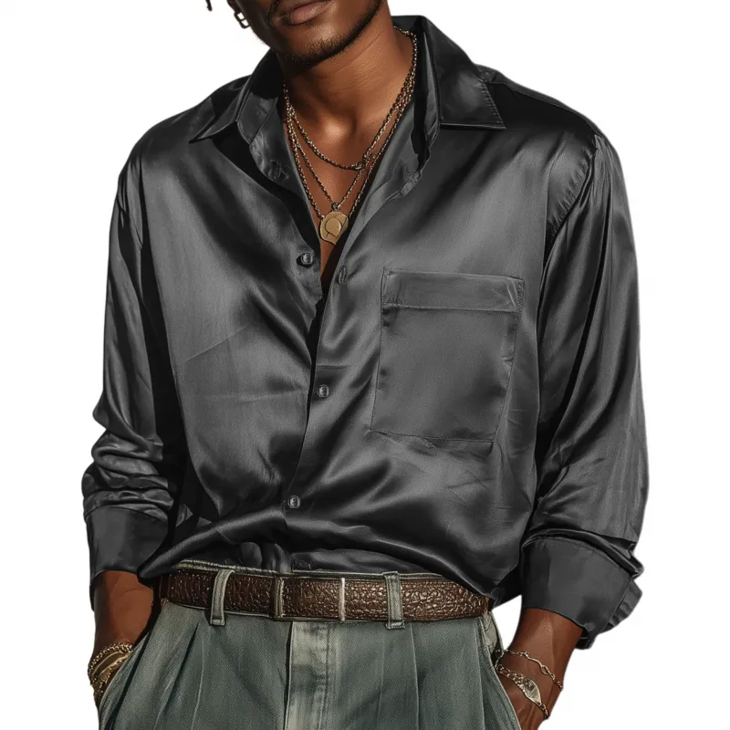 Men's Vintage Elegant Solid Color Satin Lapel Patch Pocket Loose Long Sleeve Shirt MTA1960G9M sold by Manly