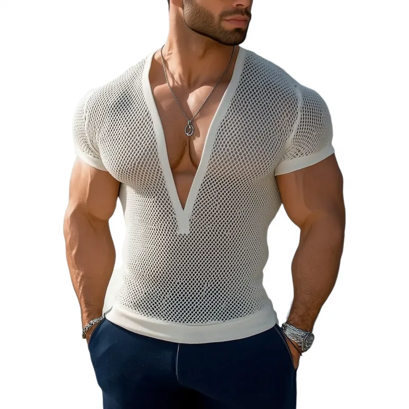 Men's Casual Solid Color Breathable Hollow Knitted Deep V-neck Slim Short-sleeved Sweater T-shirt MTA2115G0M sold by Manly