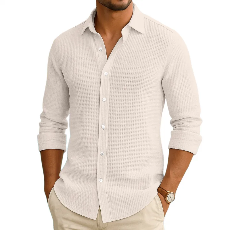 Men's Casual Solid Color Breathable Texture Waffle Lapel Slim Fit Long Sleeve Shirt MTA2188G9M sold by Manly