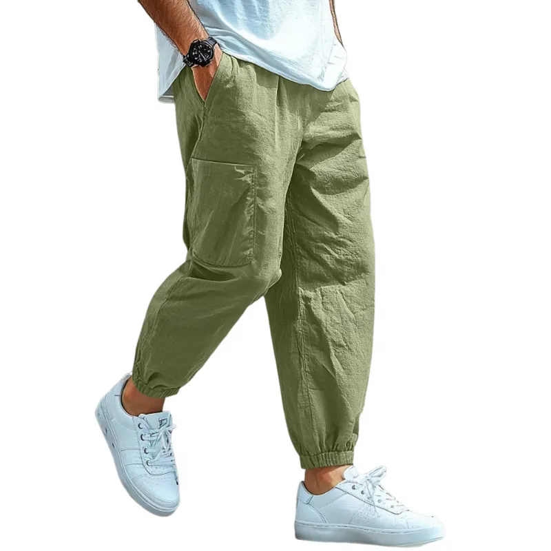 Men's Casual Solid Color Breathable Cotton Linen Blend Elastic Waist Multi-Pocket Cuffed Pants MTA2196G0M sold by Manly