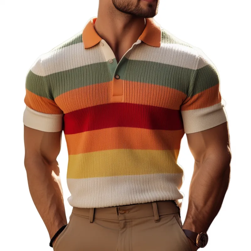 Men's Vintage Breathable Contrast Color Striped Lapel Slim Fit Knitted Short-sleeved Polo Shirt MTA2123G4M sold by Manly