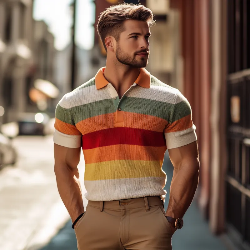 Men's Vintage Breathable Contrast Color Striped Lapel Slim Fit Knitted Short-sleeved Polo Shirt MTA2123G4M sold by Manly product image thumbnail 3