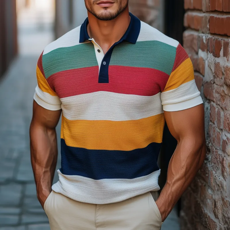 Men's Vintage Breathable Contrast Color Striped Lapel Slim Fit Knitted Short-sleeved Polo Shirt MTA2166G3M sold by Manly product image thumbnail 2