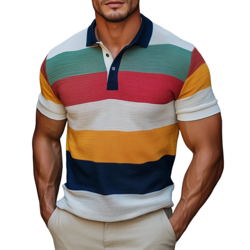 Men's Vintage Breathable Contrast Color Striped Lapel Slim Fit Knitted Short-sleeved Polo Shirt MTA2166G3M sold by Manly