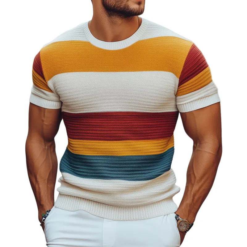 Men's Casual Colorful Striped Knitted Round Neck Slim Fit Short Sleeve Sweater T-shirt MTA2115G8M sold by Manly