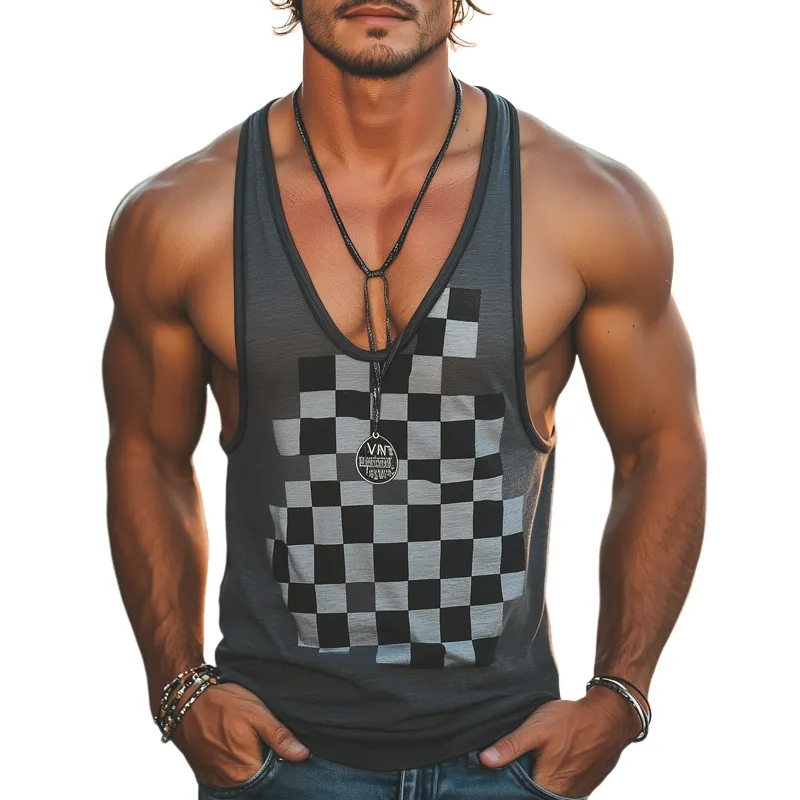 Men's Summer Deep V Neck Classic Checkerboard Print Tank Top MTA2208G8U sold by Manly