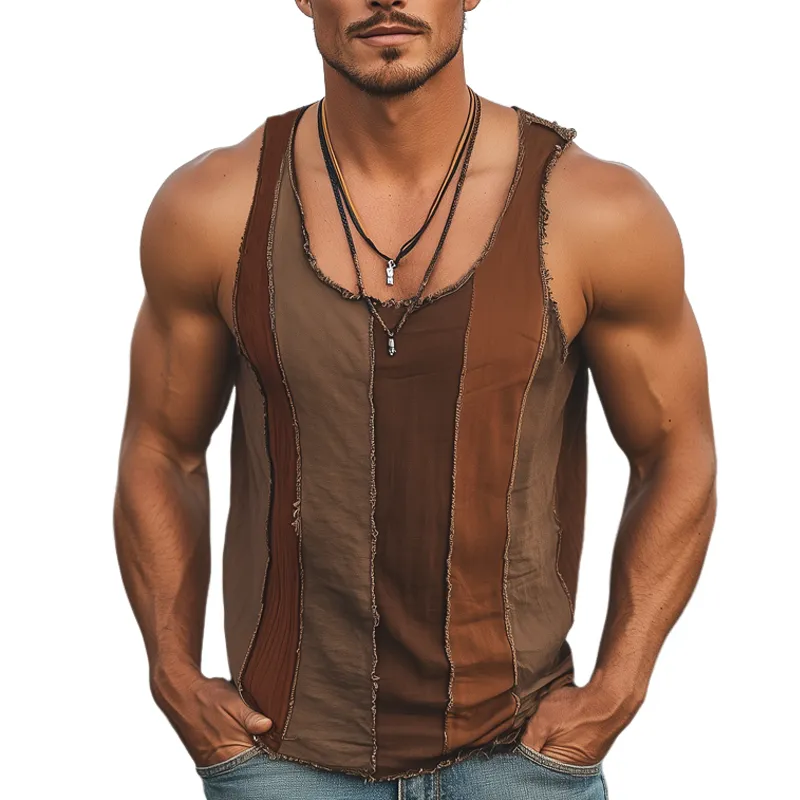 Men's Summer Fashion Colorblock Stitching Raw Edge Tank Top MTA2272G8U sold by Manly