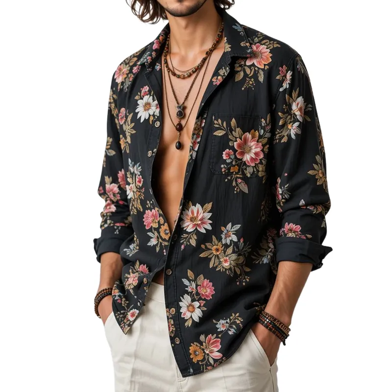 Men's Floral Lapel Chest Pocket Long Sleeve Shirt MTA2283G9Z sold by Manly