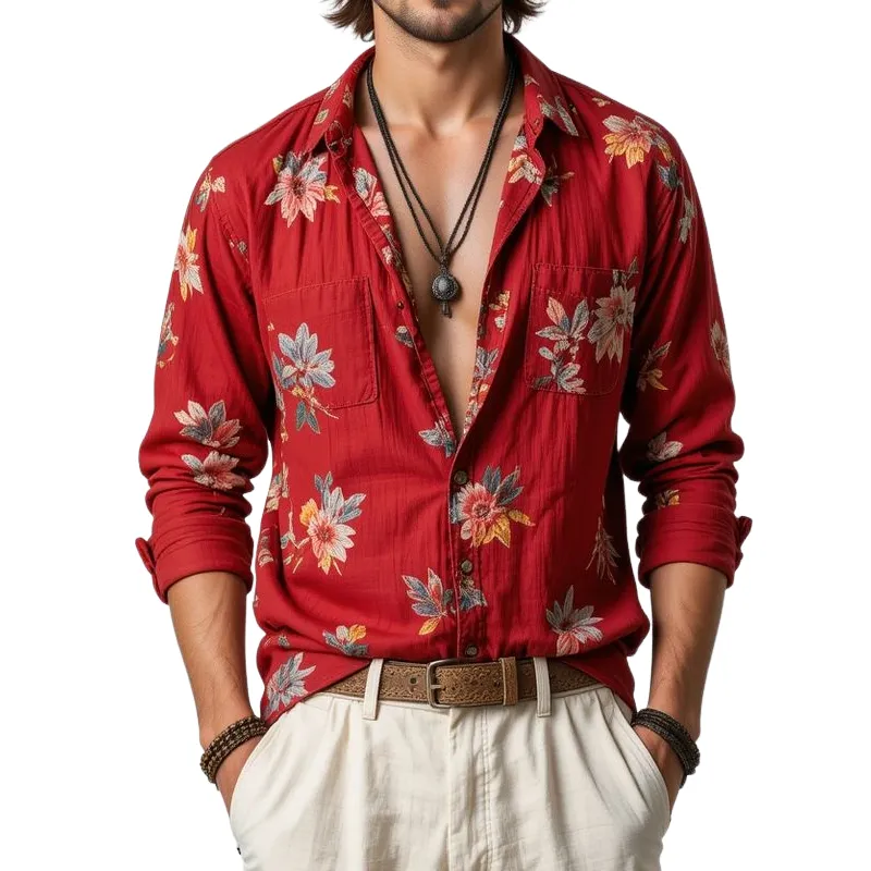 Men's Floral Lapel Chest Pocket Long Sleeve Shirt MTA2207G3Z sold by Manly