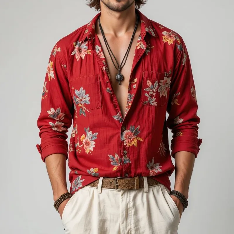 Men's Floral Lapel Chest Pocket Long Sleeve Shirt MTA2207G3Z sold by Manly product image thumbnail 2