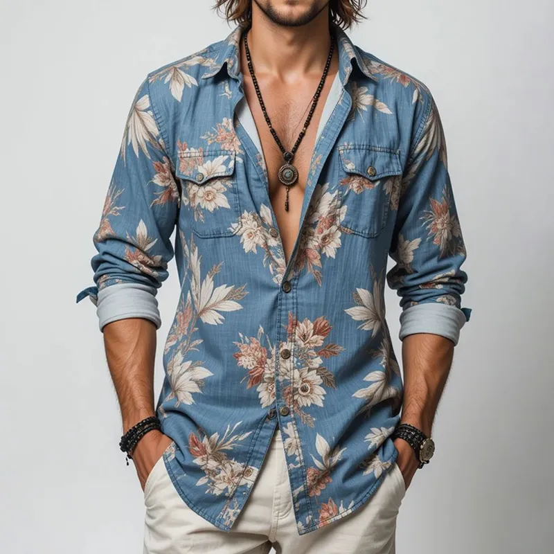 Men's Floral Lapel Chest Pocket Long Sleeve Shirt MTA2229G7Z sold by Manly product image thumbnail 2