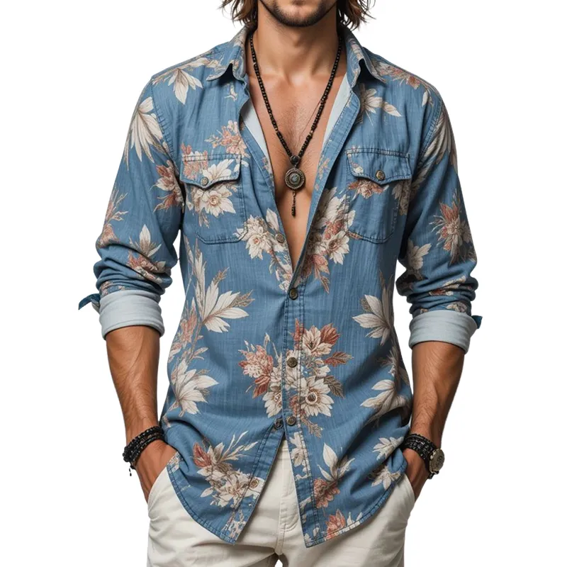 Men's Floral Lapel Chest Pocket Long Sleeve Shirt MTA2229G7Z sold by Manly
