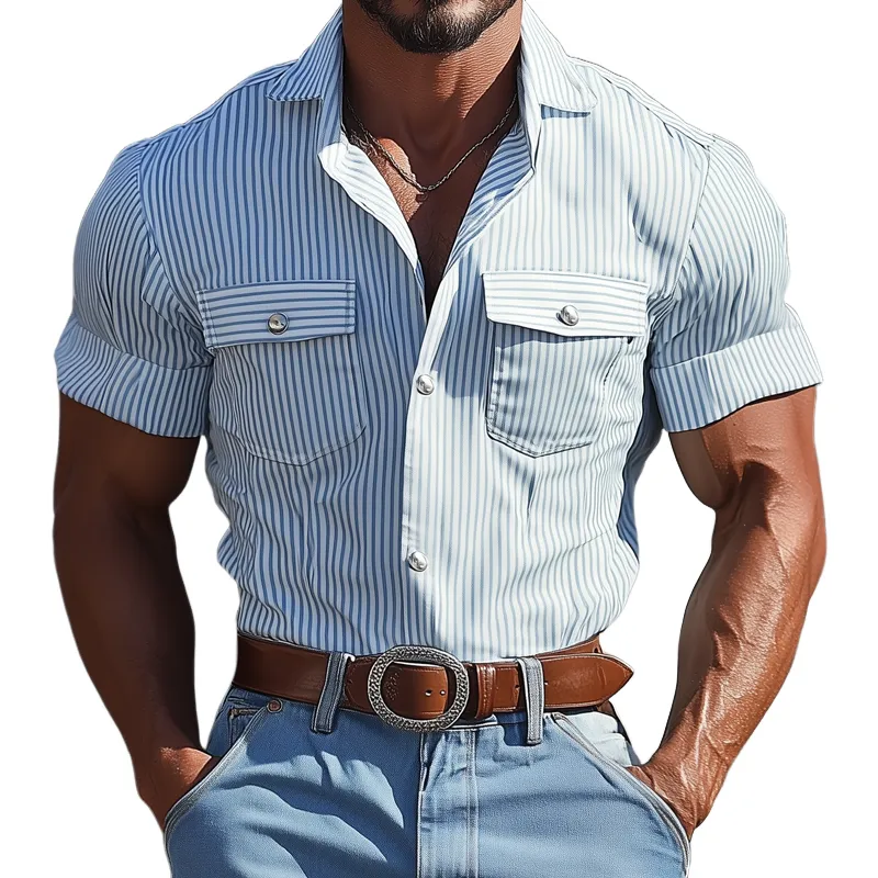 Men's Striped Lapel Chest Pocket Short Sleeve Shirt MTA2251G7Z sold by Manly