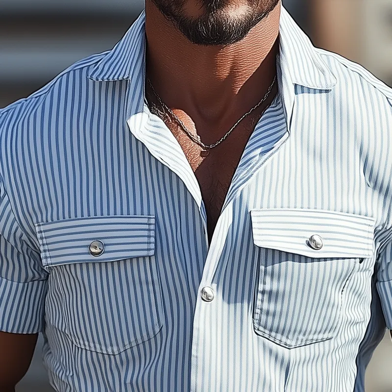Men's Striped Lapel Chest Pocket Short Sleeve Shirt MTA2251G7Z sold by Manly product image thumbnail 3