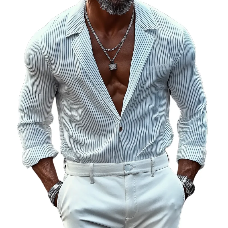 Men's Striped Notch Lapel Chest Pocket Long Sleeve Shirt MTA2213G4Z sold by Manly