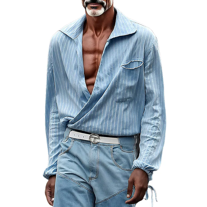 Men's Striped Lapel Chest Pocket Long Sleeve Shirt MTA2258G5Z sold by Manly