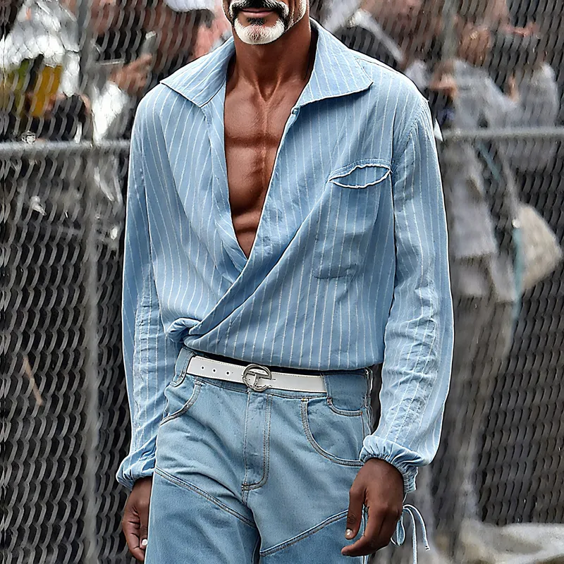 Men's Striped Lapel Chest Pocket Long Sleeve Shirt MTA2258G5Z sold by Manly product image thumbnail 2