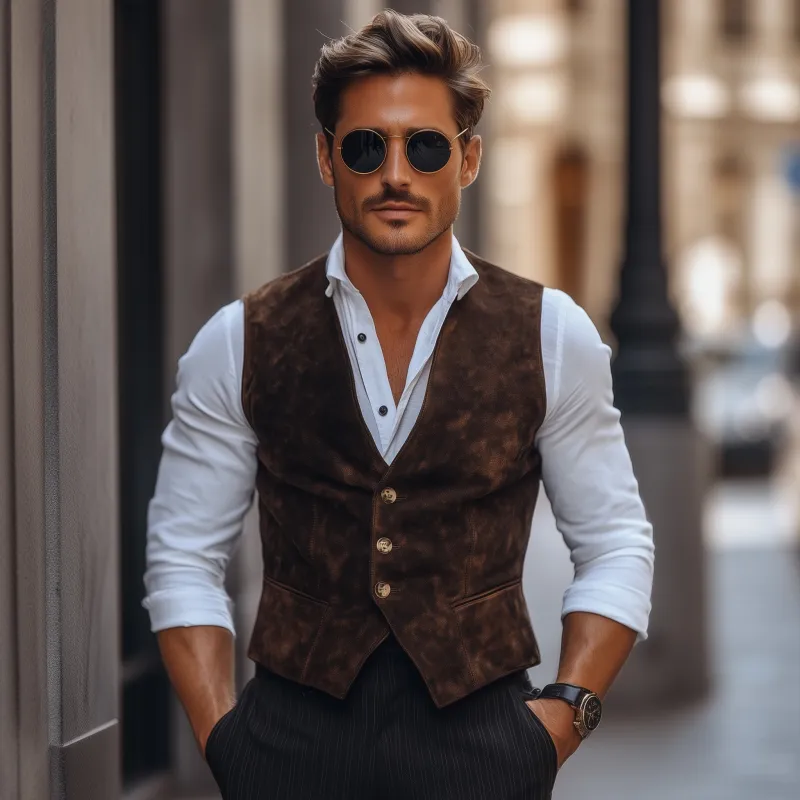 Men's Vintage Elegant Faux Suede V-Neck Single-Breasted Slim Fit Suit Vest MTA2445G5M sold by Manly product image thumbnail 3