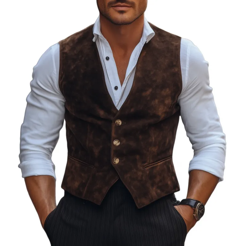 Men's Vintage Elegant Faux Suede V-Neck Single-Breasted Slim Fit Suit Vest MTA2445G5M sold by Manly
