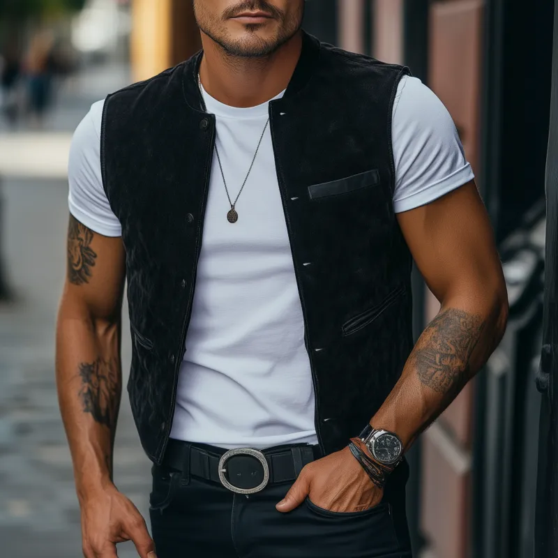 Men's Vintage Elegant Faux Suede Stand Collar Single Breasted Slim Fit Suit Vest MTA2419G8M sold by Manly product image thumbnail 2