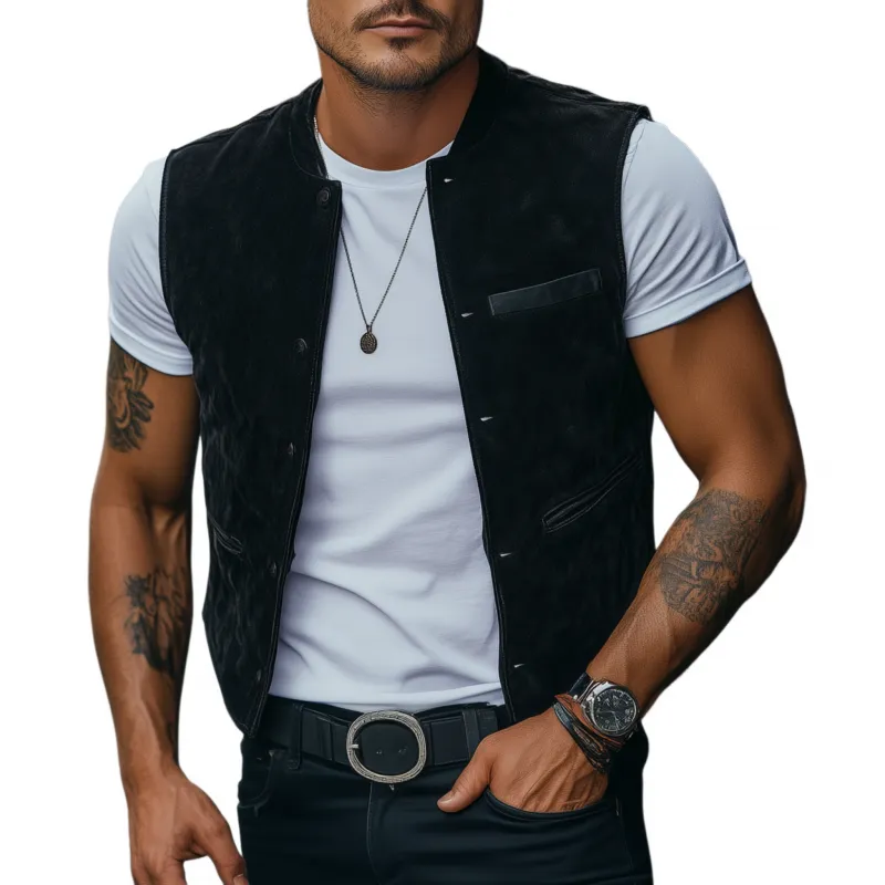 Men's Vintage Elegant Faux Suede Stand Collar Single Breasted Slim Fit Suit Vest MTA2419G8M sold by Manly