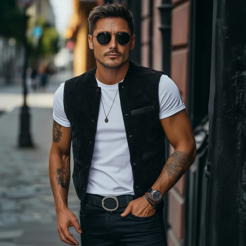 Men's Vintage Elegant Faux Suede Stand Collar Single Breasted Slim Fit Suit Vest MTA2419G8M sold by Manly product image thumbnail 3