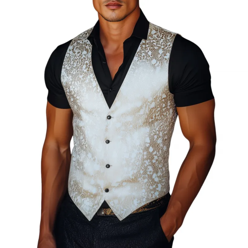 Men's Vintage Elegant Satin Jacquard V-neck Single-breasted Slim Suit Vest MTA2467G3M sold by Manly