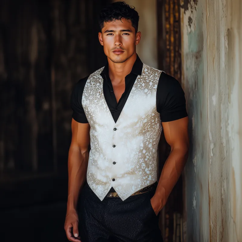 Men's Vintage Elegant Satin Jacquard V-neck Single-breasted Slim Suit Vest MTA2467G3M sold by Manly product image thumbnail 3