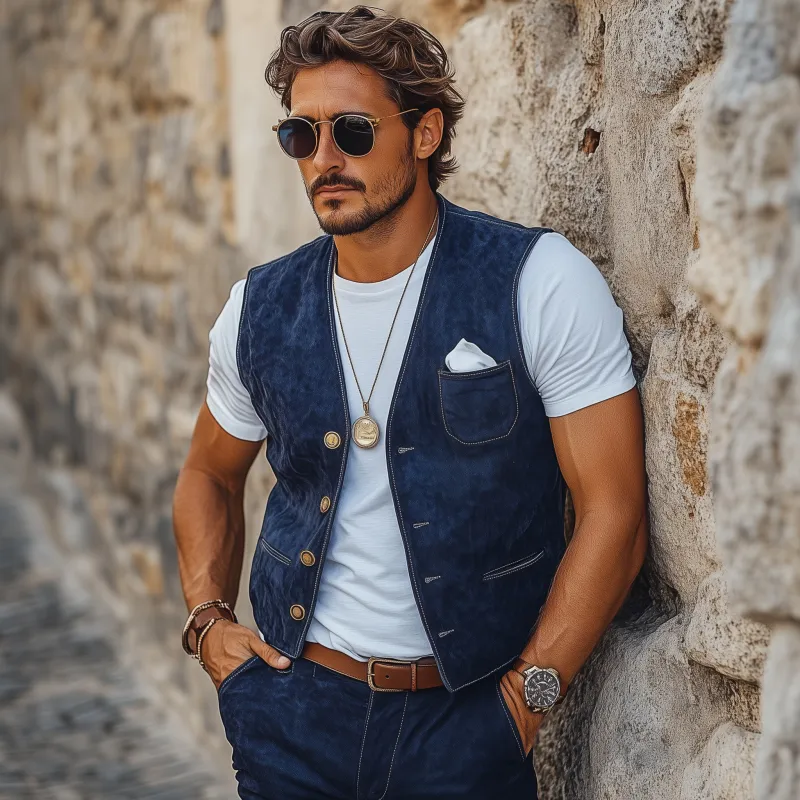 Men's Vintage Elegant Faux Suede V-Neck Single-Breasted Slim Fit Suit Vest MTA2458G5M sold by Manly product image thumbnail 3