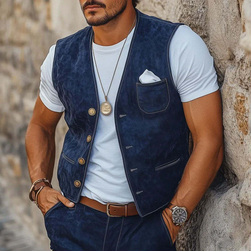 Men's Vintage Elegant Faux Suede V-Neck Single-Breasted Slim Fit Suit Vest MTA2458G5M sold by Manly product image thumbnail 2