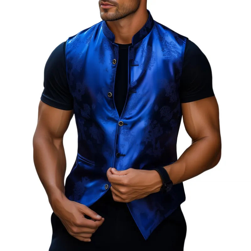 Men's Vintage Elegant Satin Jacquard Stand Collar Single Breasted Slim Suit Vest MTA2420G0M sold by Manly