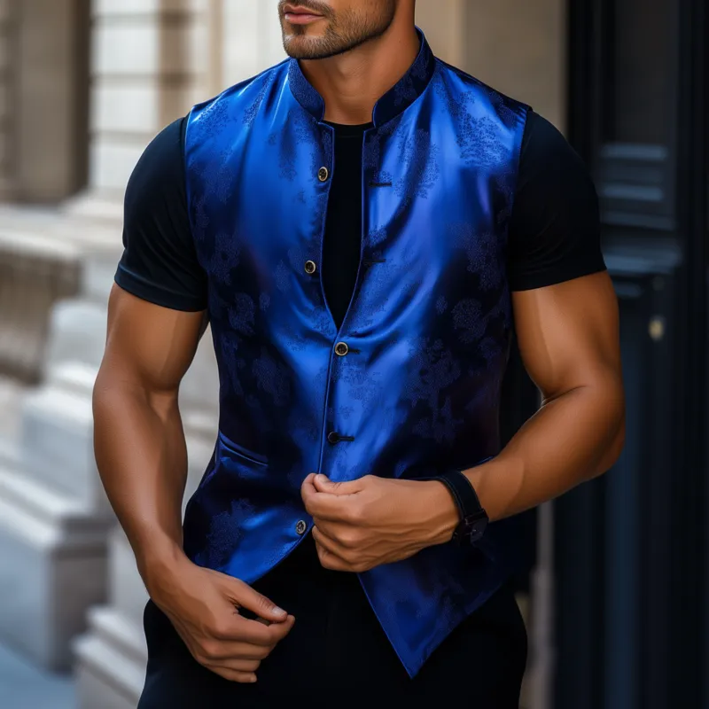 Men's Vintage Elegant Satin Jacquard Stand Collar Single Breasted Slim Suit Vest MTA2420G0M sold by Manly product image thumbnail 2