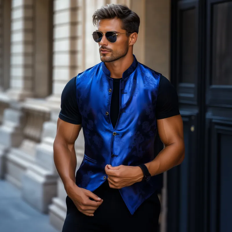 Men's Vintage Elegant Satin Jacquard Stand Collar Single Breasted Slim Suit Vest MTA2420G0M sold by Manly product image thumbnail 3