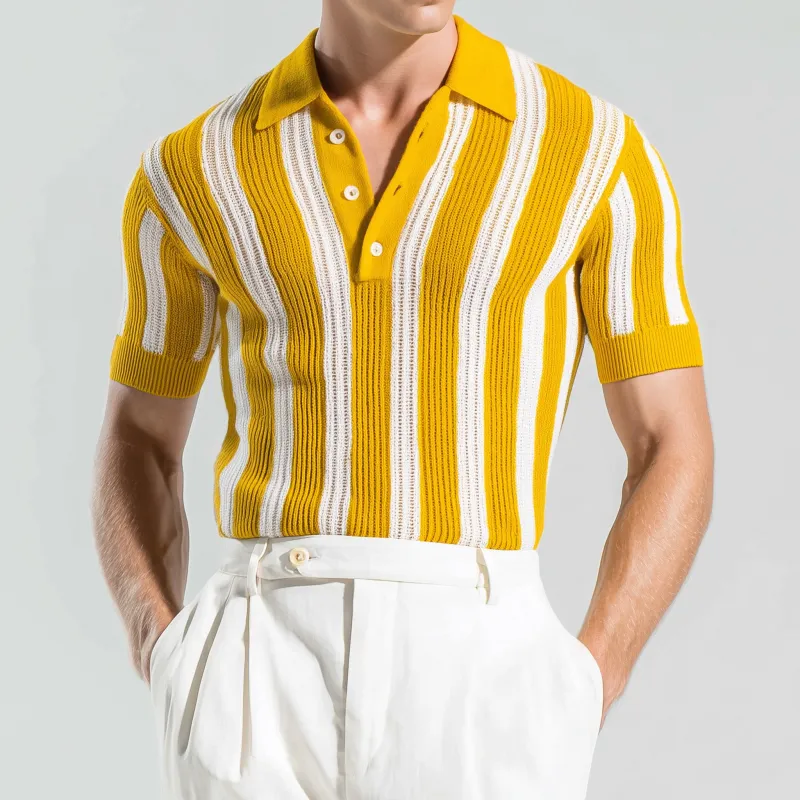 Men's Casual Breathable Contrast Color Vertical Stripes Lapel Slim Fit Knitted Short-sleeved Polo Shirt MTA2260G2M sold by Manly product image thumbnail 2