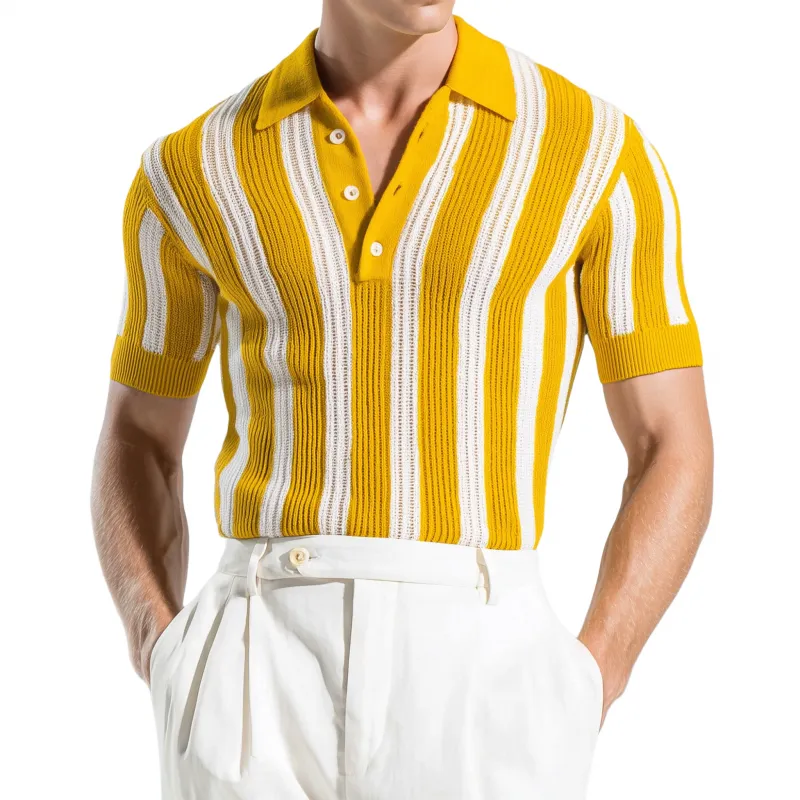 Men's Casual Breathable Contrast Color Vertical Stripes Lapel Slim Fit Knitted Short-sleeved Polo Shirt MTA2260G2M sold by Manly