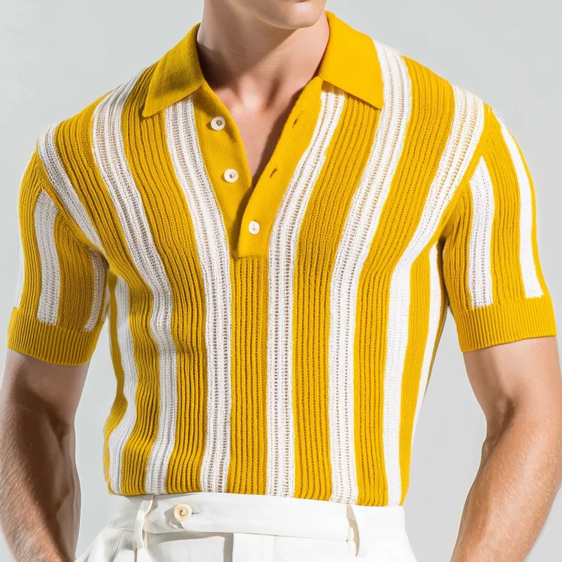 Men's Casual Breathable Contrast Color Vertical Stripes Lapel Slim Fit Knitted Short-sleeved Polo Shirt MTA2260G2M sold by Manly product image thumbnail 3
