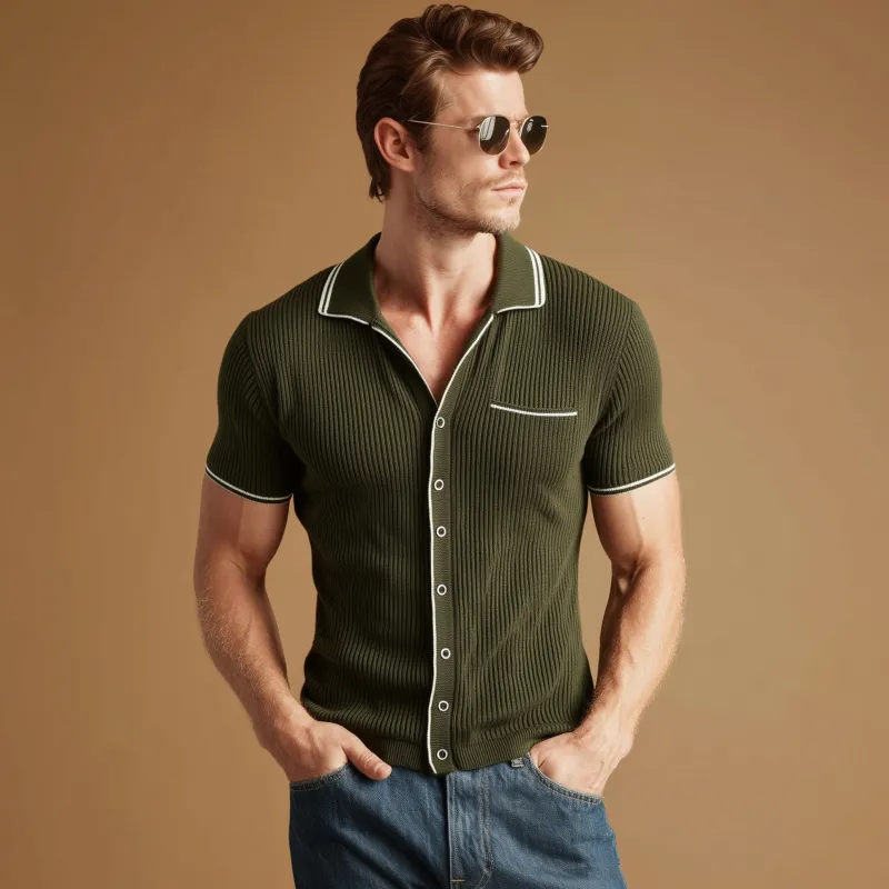Men's Casual Breathable Lapel Chest Pocket Single-breasted Slim Fit Knitted Short-sleeved Cardigan MTA2377G7M sold by Manly product image thumbnail 3