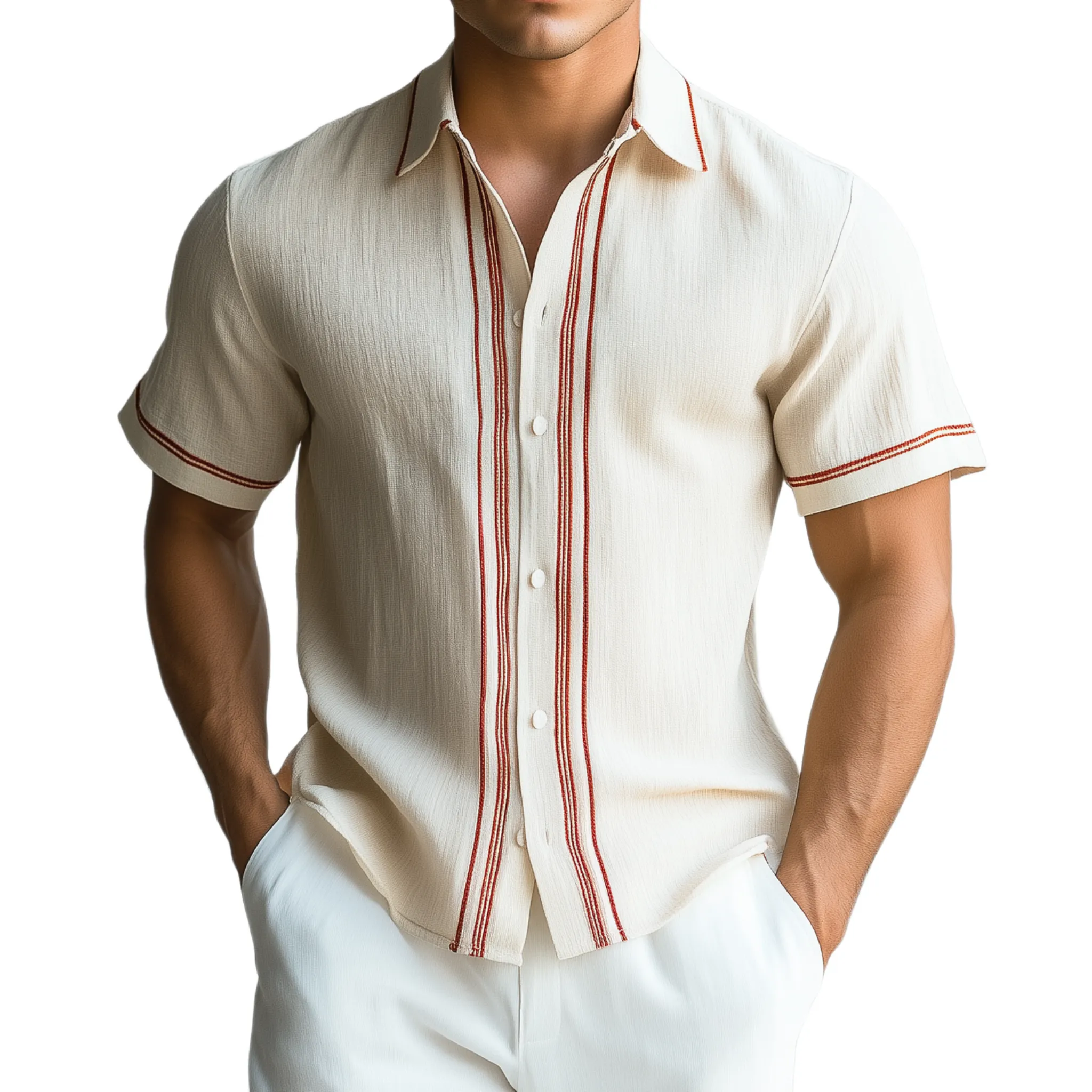 Men's Fashion Casual Chiffon Contrast Color Embroidery Slim Fit Short Sleeve Shirt MTA2408G6K sold by Manly