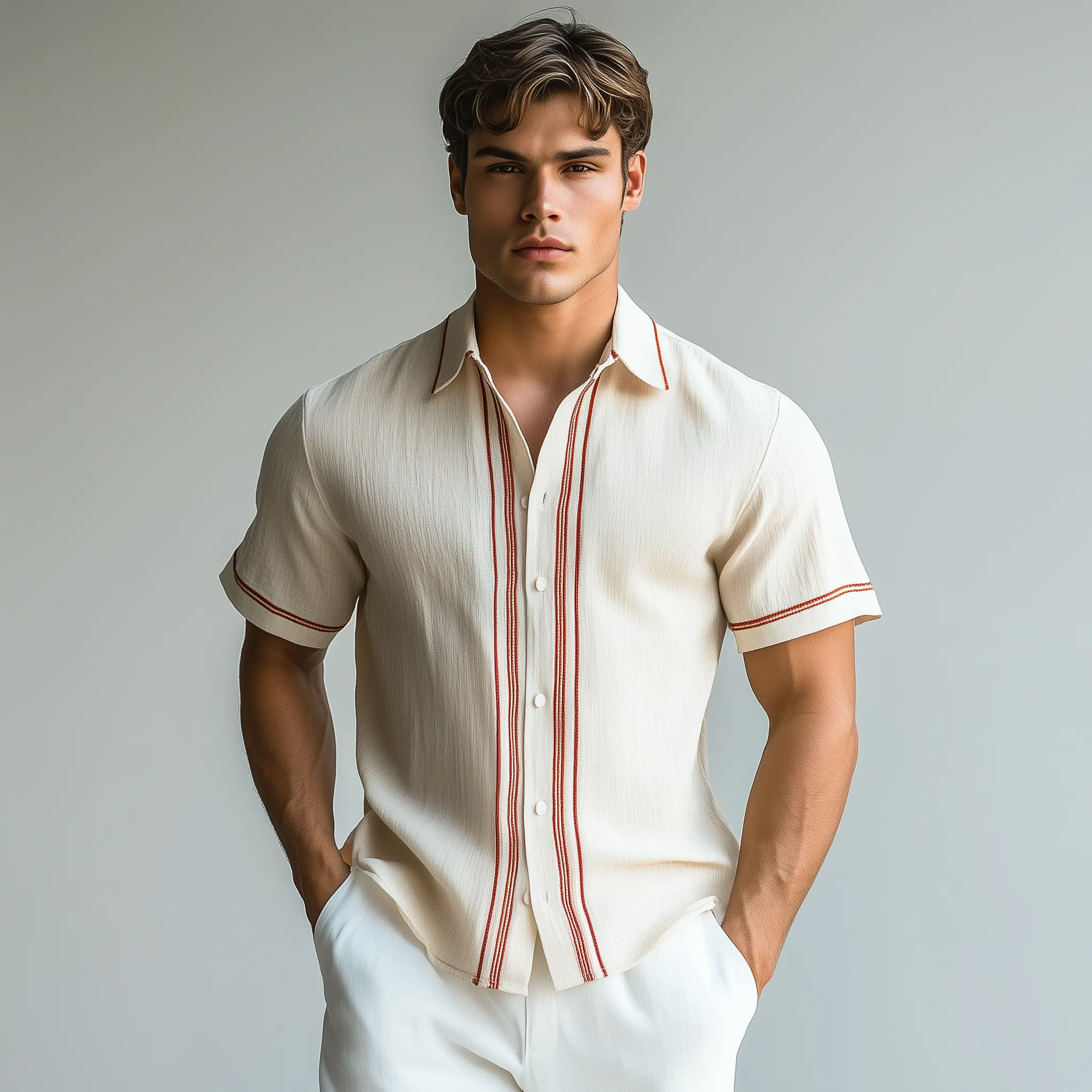 Men's Fashion Casual Chiffon Contrast Color Embroidery Slim Fit Short Sleeve Shirt MTA2408G6K sold by Manly product image thumbnail 3