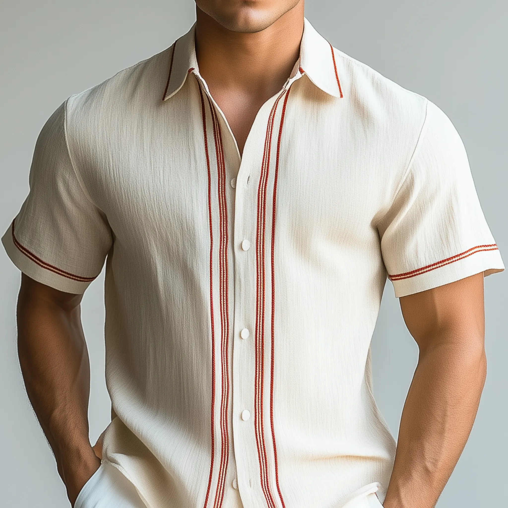 Men's Fashion Casual Chiffon Contrast Color Embroidery Slim Fit Short Sleeve Shirt MTA2408G6K sold by Manly product image thumbnail 4