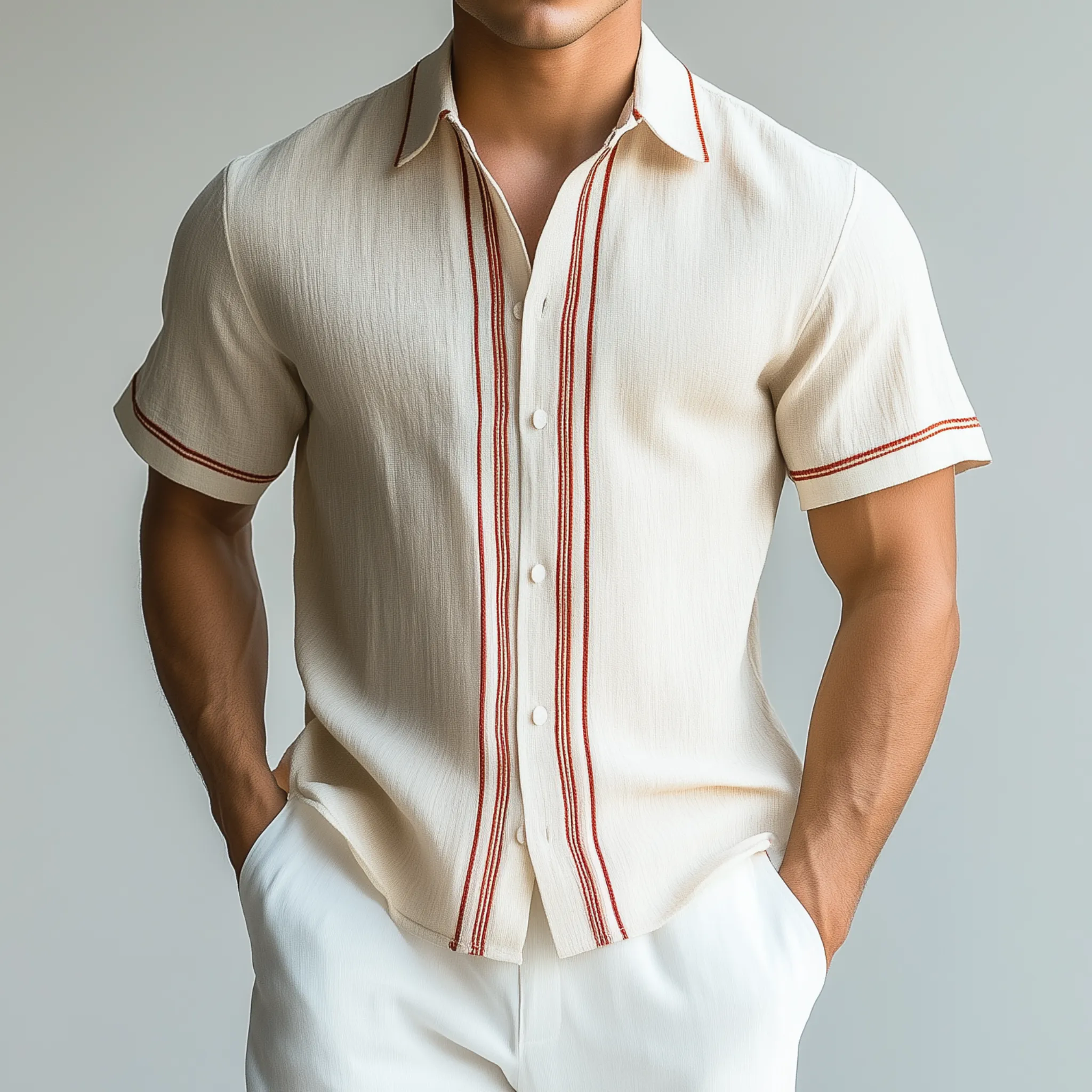 Men's Fashion Casual Chiffon Contrast Color Embroidery Slim Fit Short Sleeve Shirt MTA2408G6K sold by Manly product image thumbnail 2