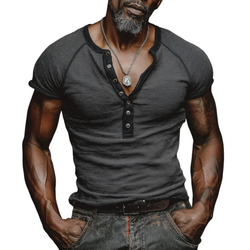 Men's Casual Cotton Striped Colorblock Trim Henley Collar Slim Fit Short Sleeve T-Shirt MTA2288G9M sold by Manly